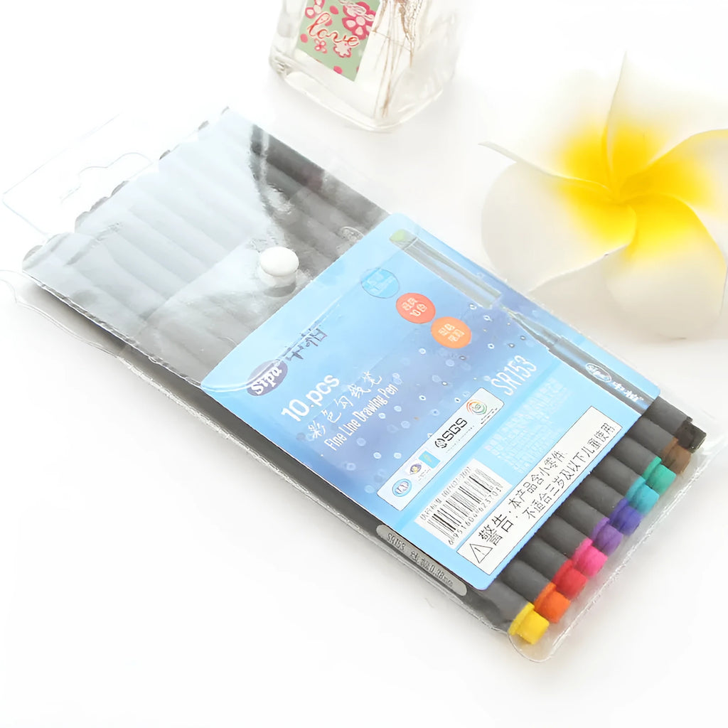 10-piece pack of 0.38mm hook line drawing pens for technical marking applications