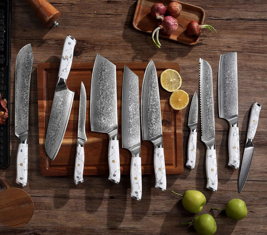 Damascus steel kitchen knife with 21cm VG10 blade and modern simple design