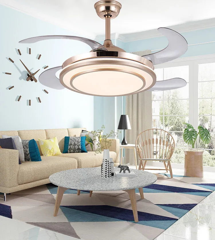 Gold 42 inch full spectrum LED fan chandelier with invisible ABS blades and acrylic shade for living room