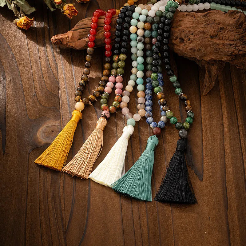 Vintage bohemian style long beaded necklace with tassel pendant and matching bracelet