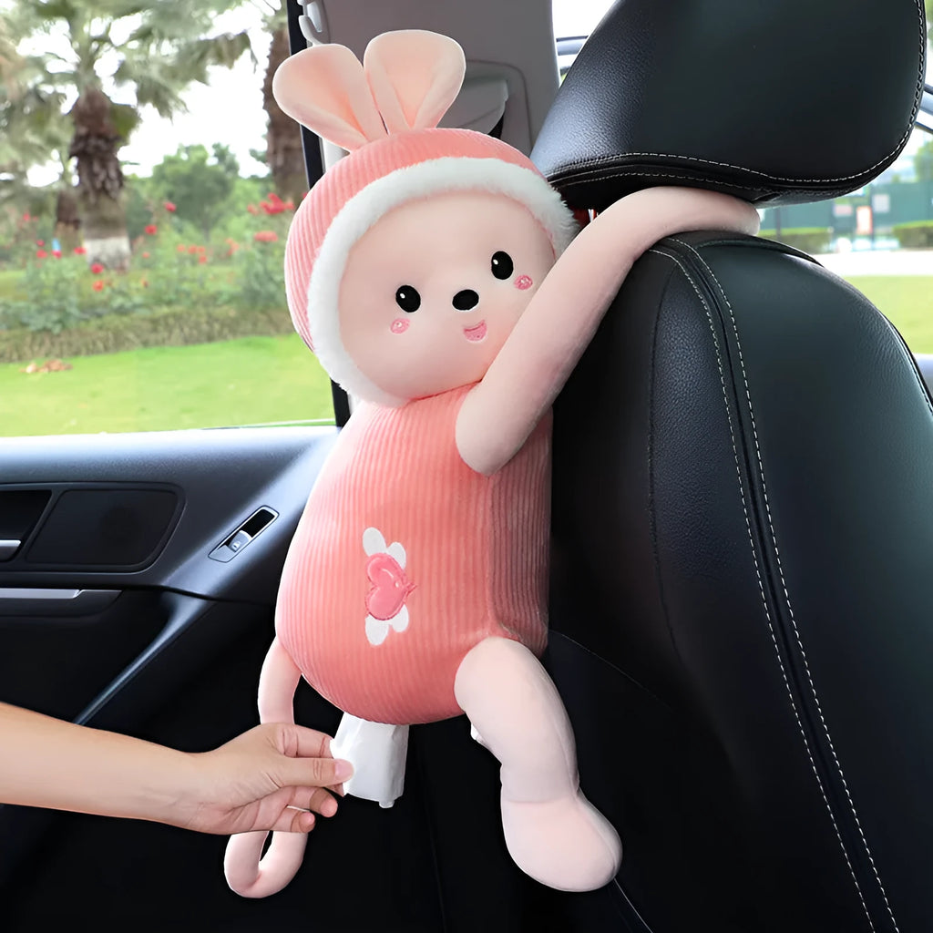 Plush car seat back tissue holder in cute animal design mounted on vehicle headrest