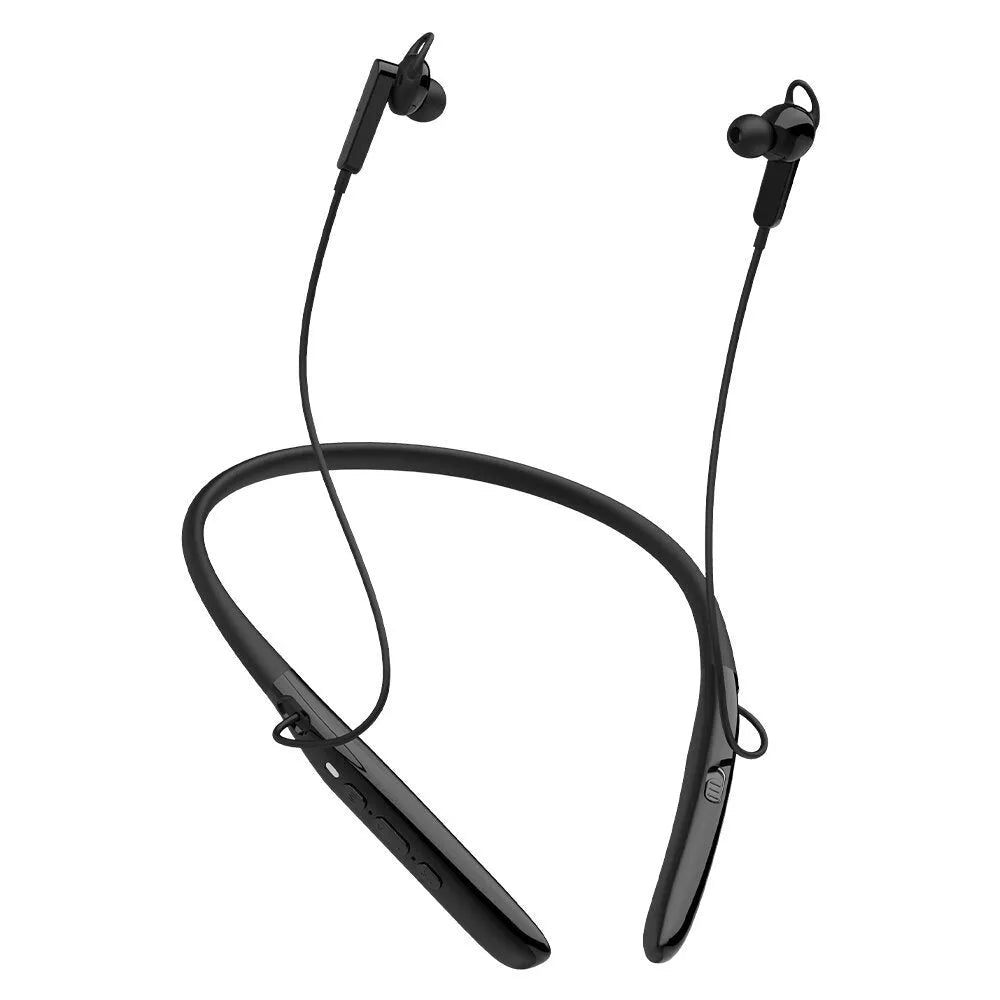 Black Bluetooth digital hearing aid with neck strap, USB port, and ABS plastic body on a white background
