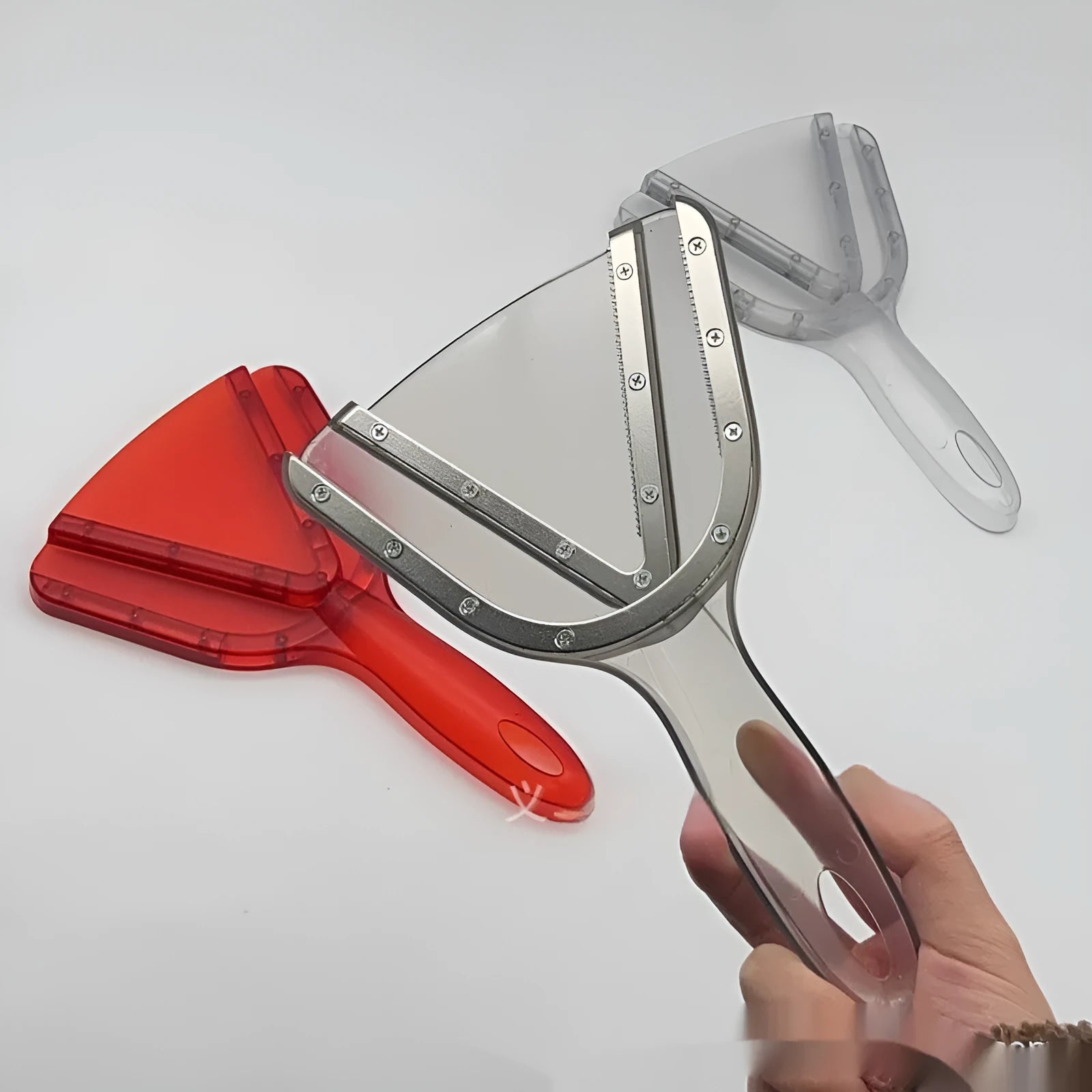 Adjustable telescopic plastic bottle opener in red, clear, and grey colours showing non-slip handle.