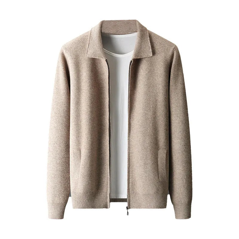 Men's pure wool thickened cardigan with turn-down collar in camel colour on a hanger