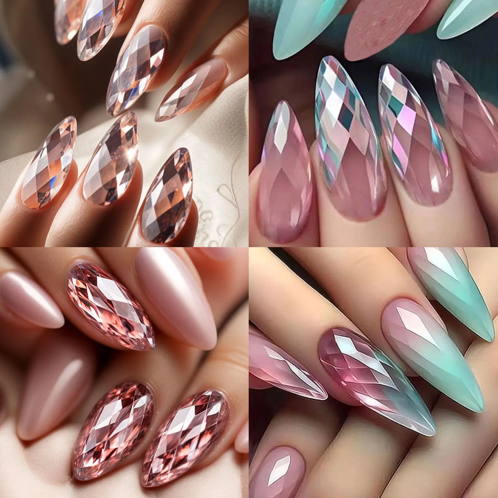 Long shaping false nail tips with 3D diamond pattern in multiple colour options.