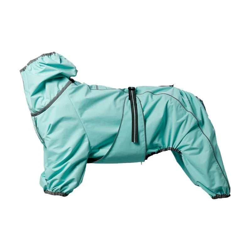 Dog wearing red polyester shell jacket with cotton-padded interior for warmth