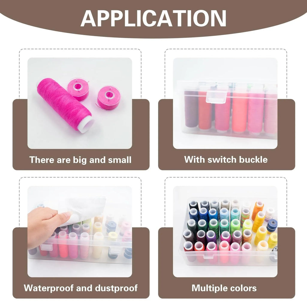 Plastic sewing storage box with 42 compartments for threads, in transparent, pink, or blue.
