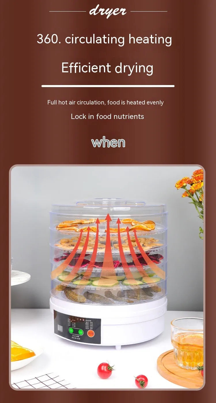 Five-tray household fruit dehydrator with clear door and adjustable temperature control