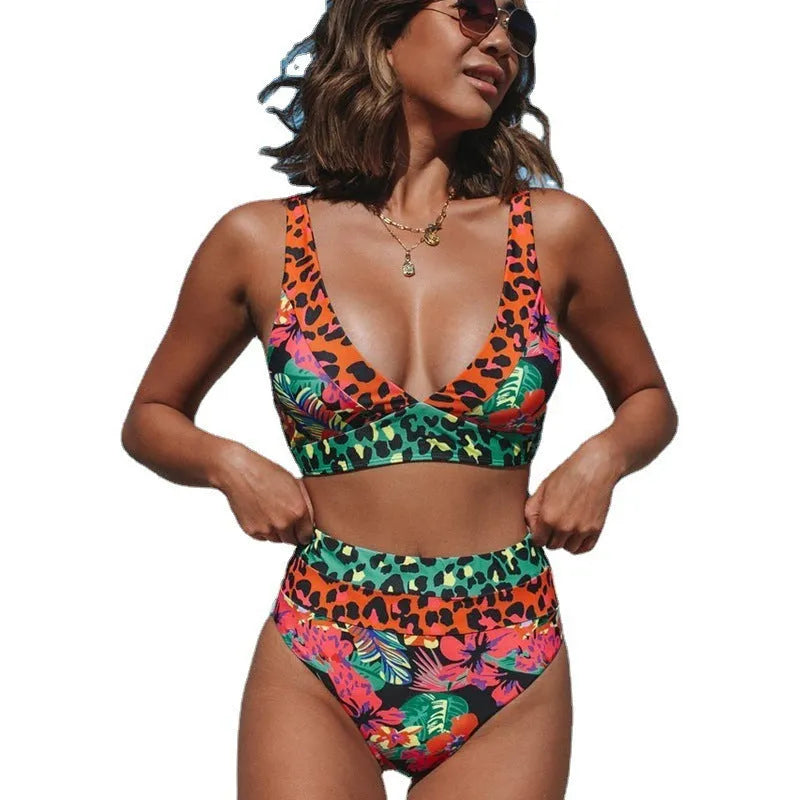 Women's high-waist floral print bikini set in polyester fabric for swimming