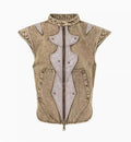 Men's denim pleated waistcot in cotton fabric with Korean style cut, shown in available colour