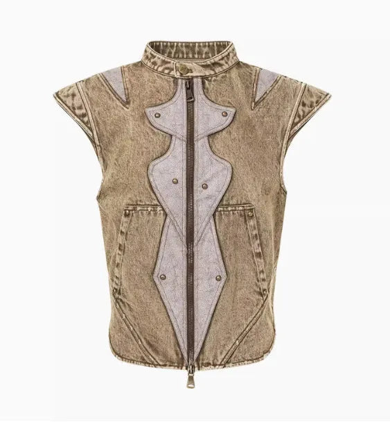 Men's denim pleated waistcot in cotton fabric with Korean style cut, shown in available colour