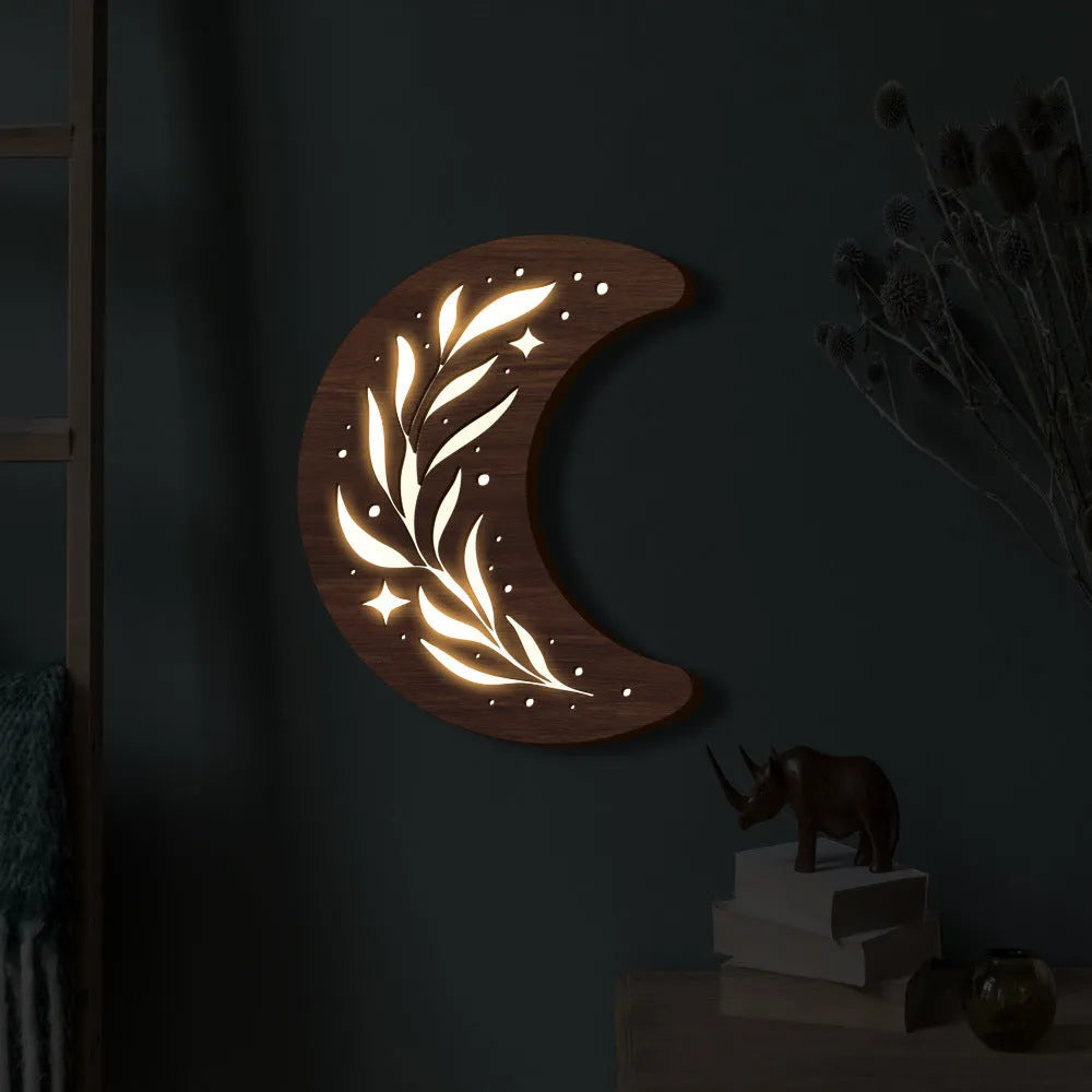 Three-dimensional wooden leaf crescent pendant lamp in MZ212 colour with luminous night light