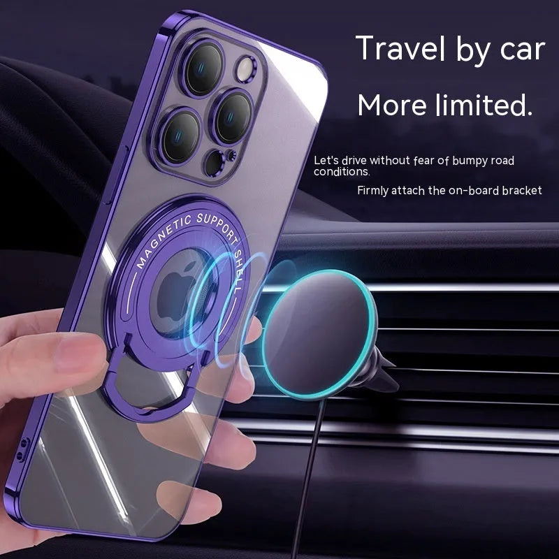 Transparent magnetic iPhone case with retractable stand pulled out, shown in far peak blue colour