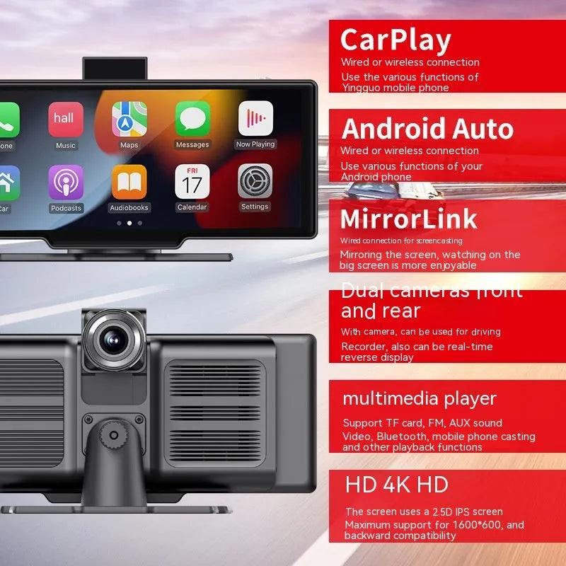 10.26-inch wireless CarPlay car recorder with capacitive touch screen in black housing