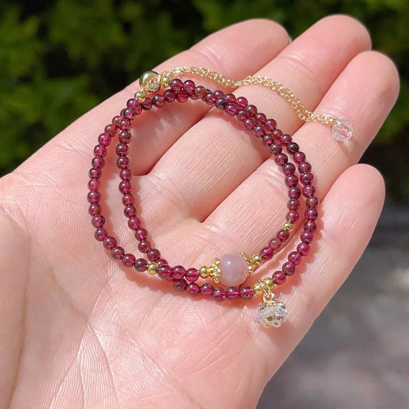 Natural garnet double ring bracelet for women with adjustable design