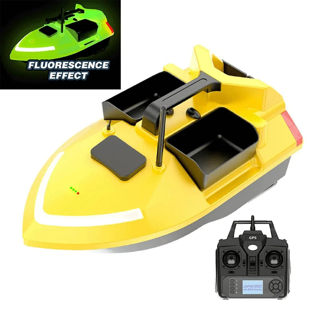 Black GPS remote control fishing boat with antenna and LED light on a calm lake.