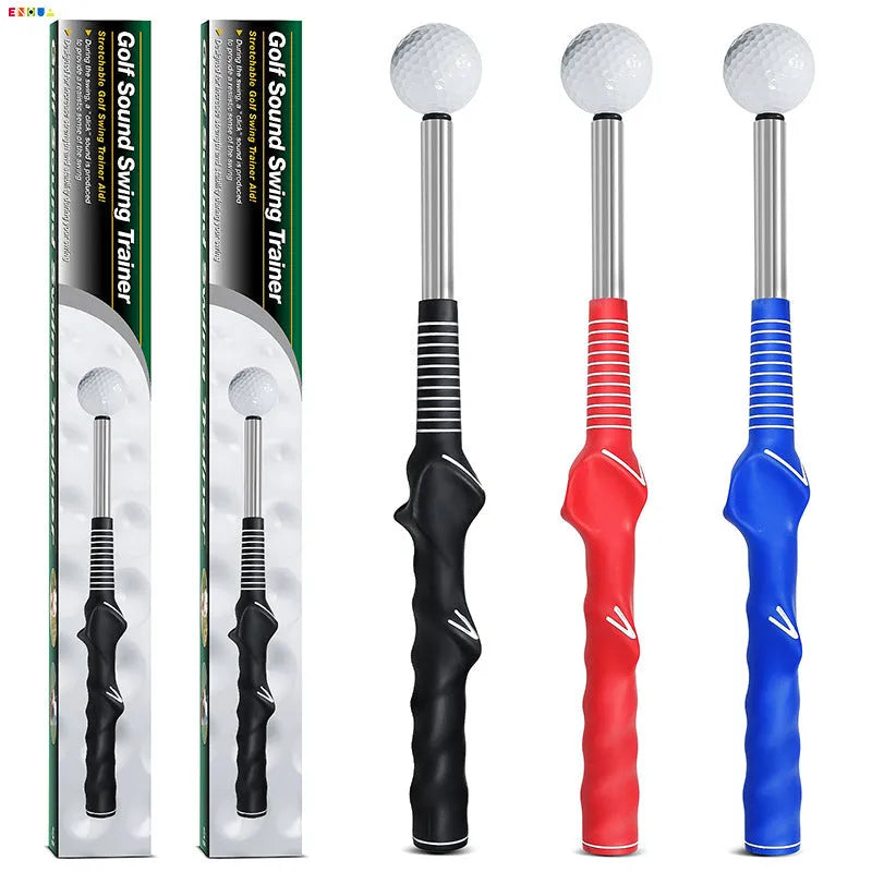 Telescopic stainless steel golf swing trainer simulator in black, blue, or red.