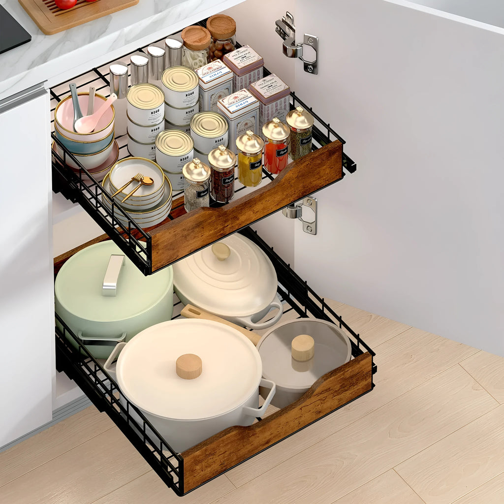 Black wood and iron pull basket storage rack drawer for kitchen organisation