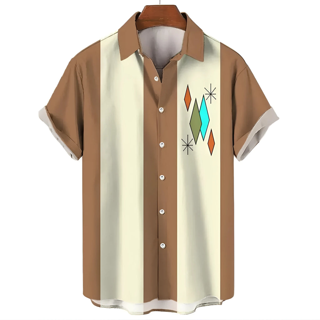 Men's short sleeve striped Hawaiian shirt with cardigan style collar on a mannequin.