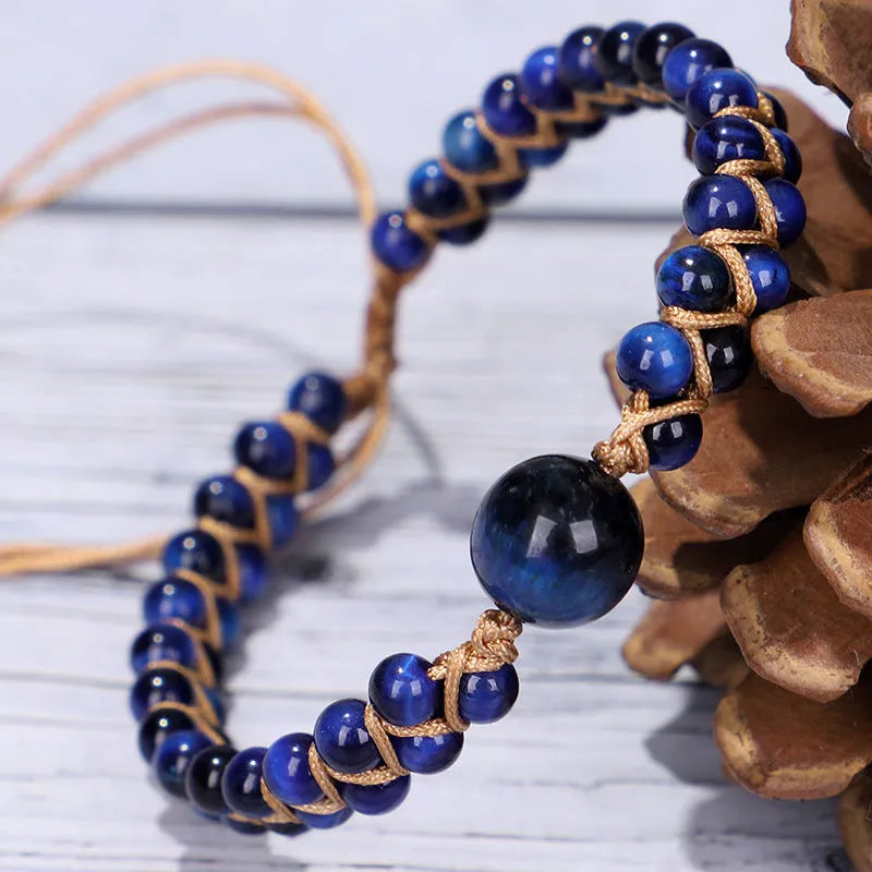 Handwoven geometric bracelet with sliding knot and natural stone bead in Amethyst or Tiger Eye