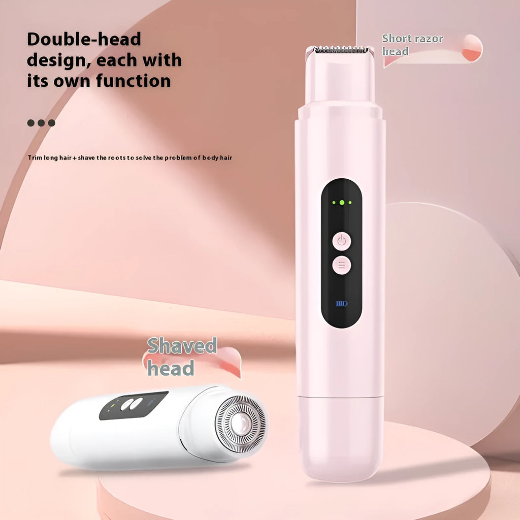 Pink and white portable electric armpit hair trimmer with USB charging cable on white background