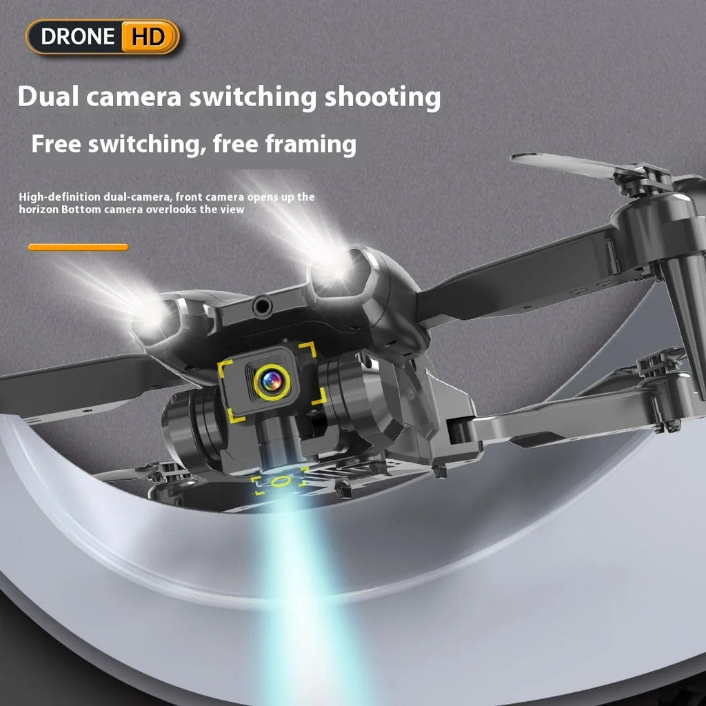 S138 black folding UAV drone with dual cameras and obstacle avoidance sensors, shown in a compact size.