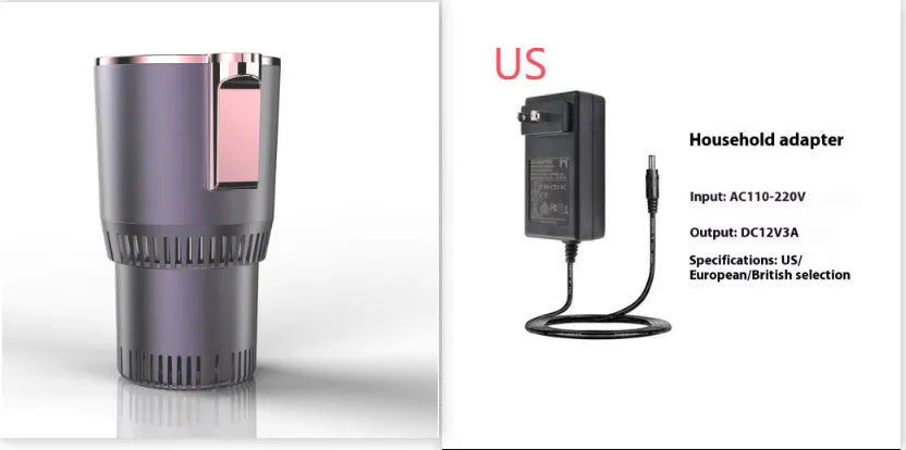 Black 12V car cup warmer and cooler with digital temperature display placed in a car cup holder.