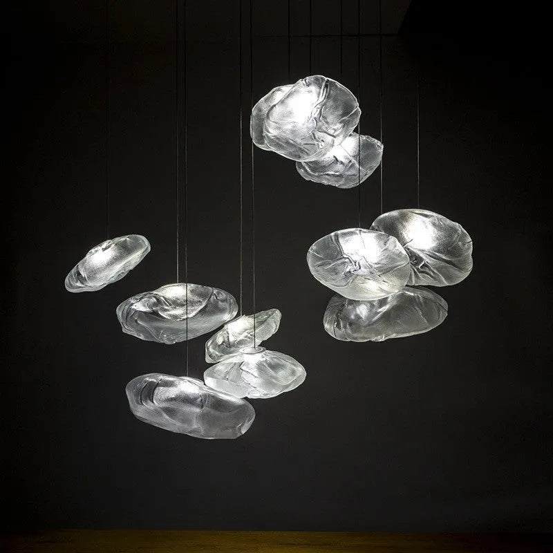 Modern fabric chandelier with glass shade in amber, clear or smoke grey colour options