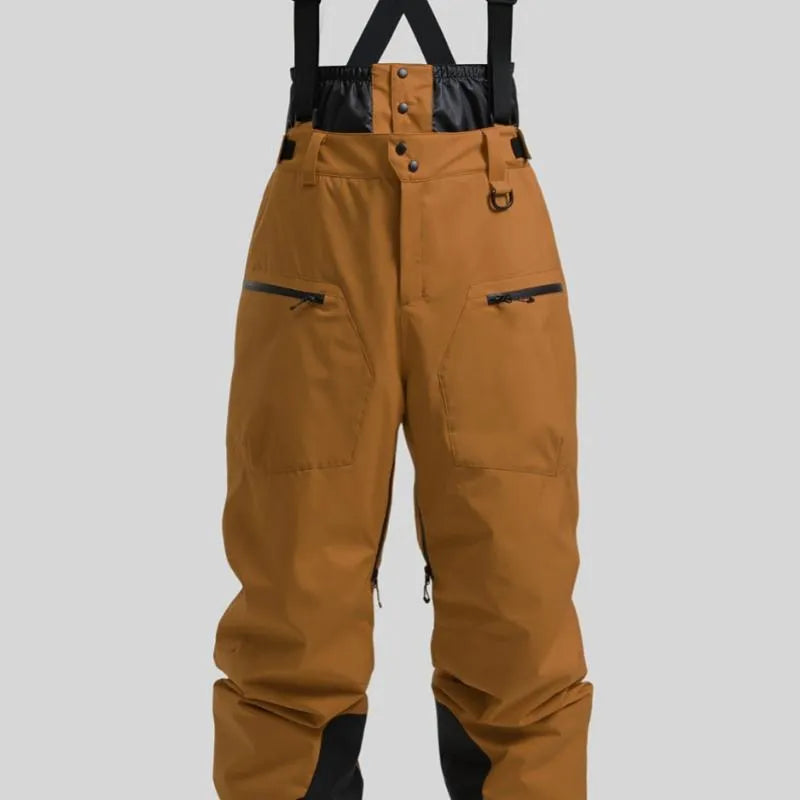 Men's black linen waterproof ski trousers with an adjustable thickened strap laid flat.