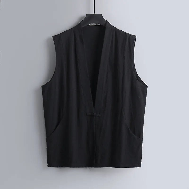 Men's loose-fit linen sleeveless vest in a solid colour on a hanger