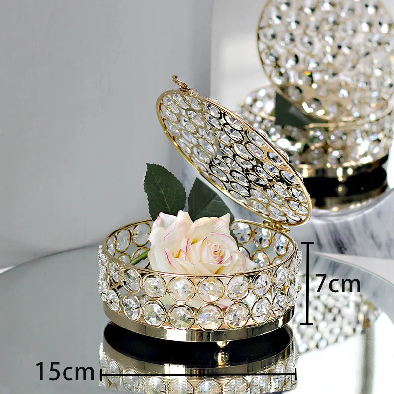 French gold metal jewellery box with crystal glass transparent lid, European style decorative design