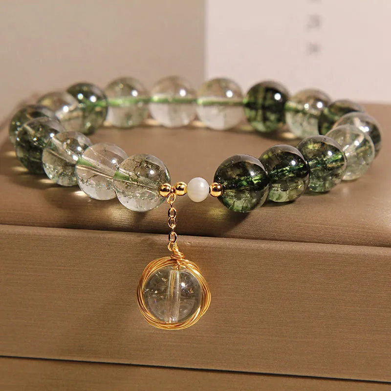 Green phantom quartz and crystal women's bracelet in Japanese Korean style.