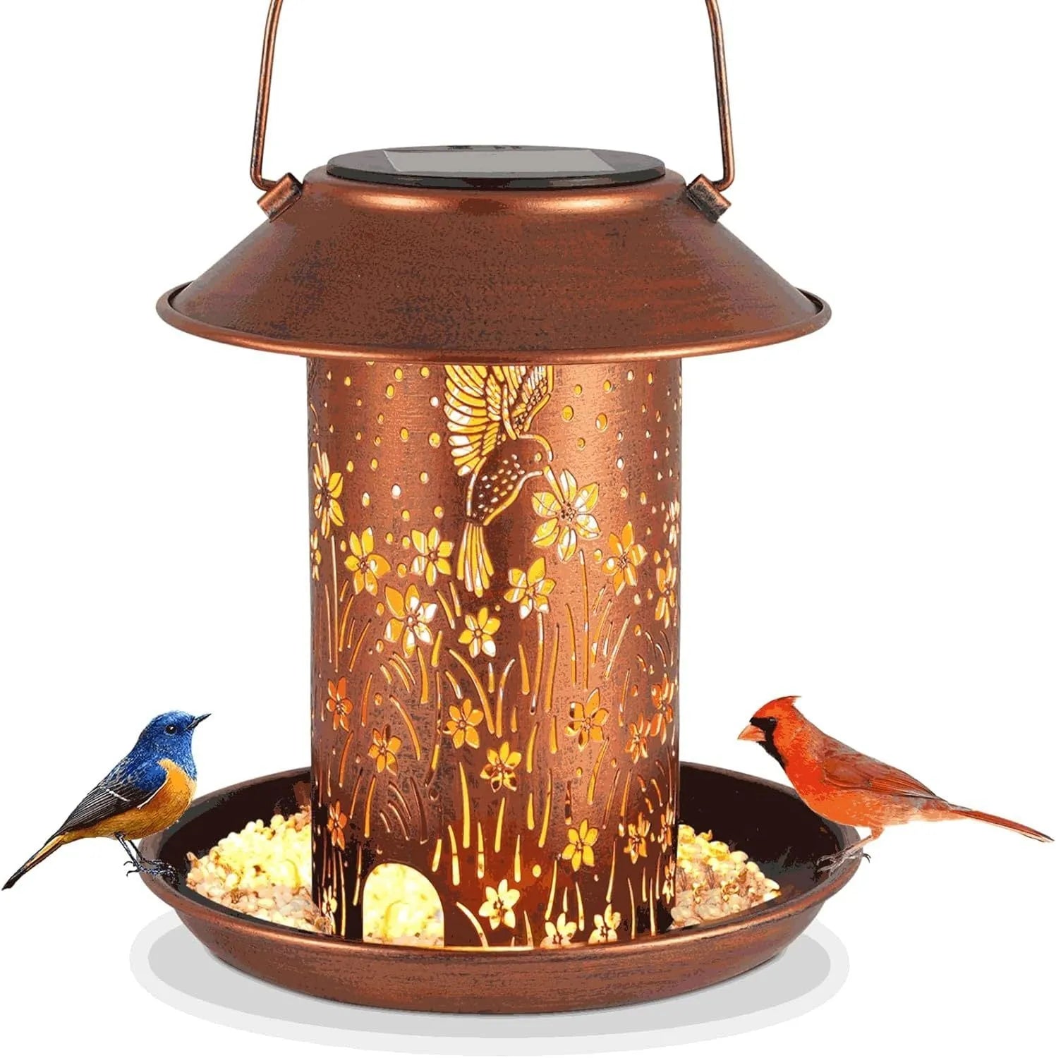 Solar-powered iron art bird feeder with hummingbird pattern and integrated LED light for gardens
