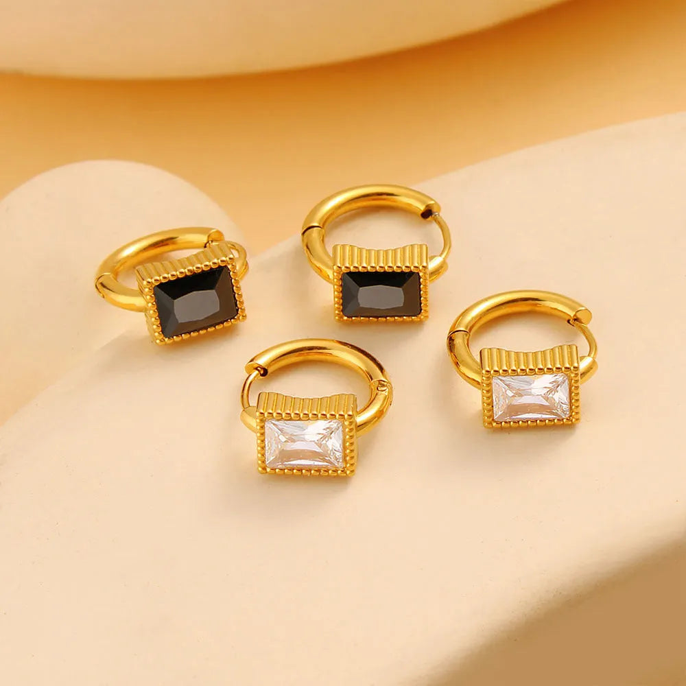 Square zircon stainless steel geometric earrings with round ring elements in white, black or green colours