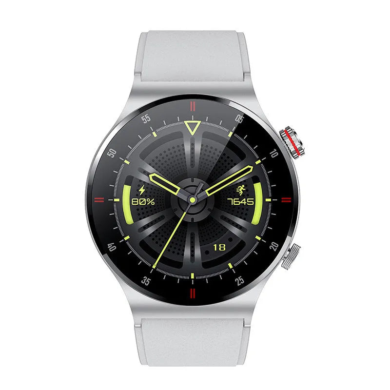 Black smart sports watch with silicone band showing a 1.28-inch display with health metrics.