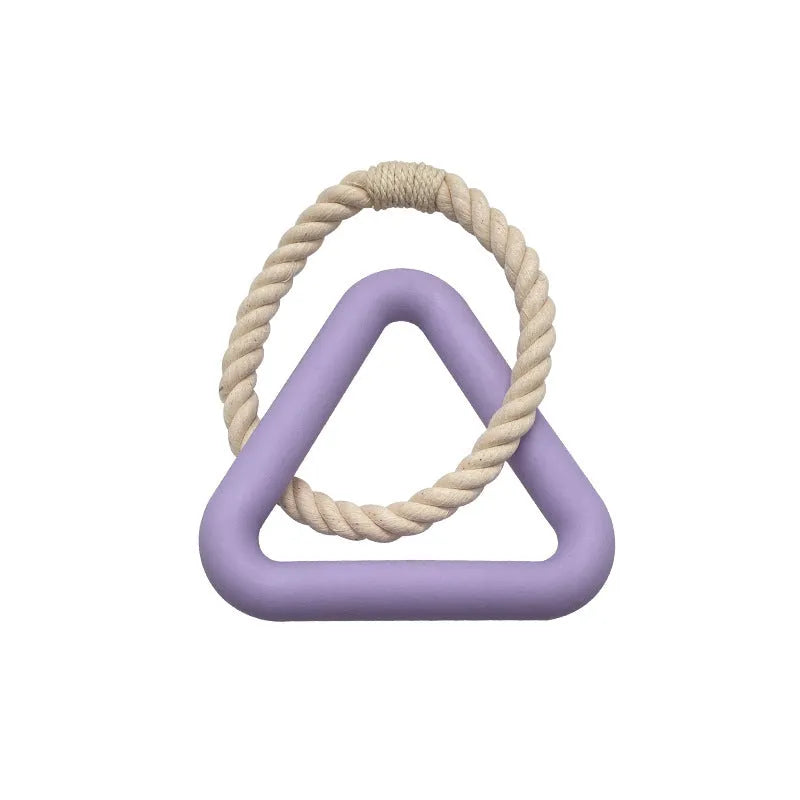 Large triangular cotton rope pull ring dog toy in beige, pink, and purple colour options