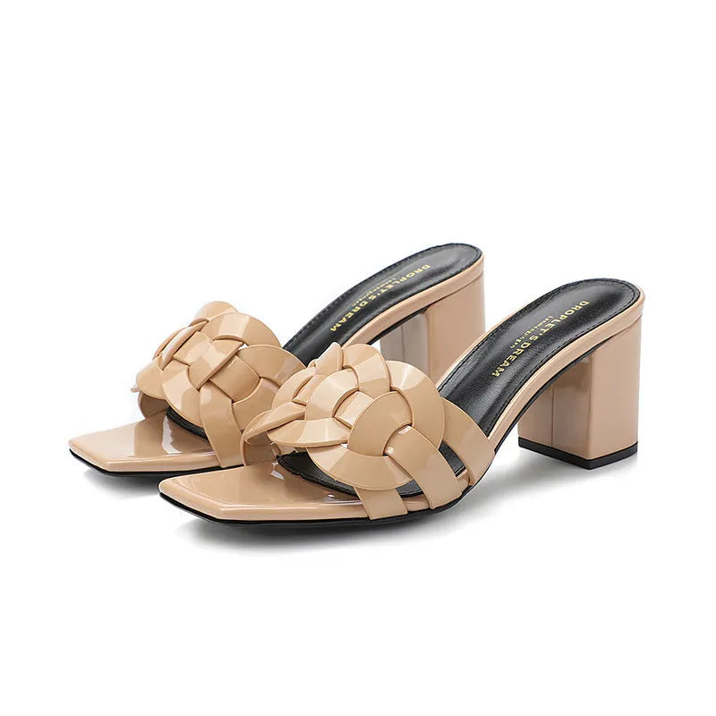 Woven chunky heel slippers with patent leather upper and sheepskin lining in multiple colour options