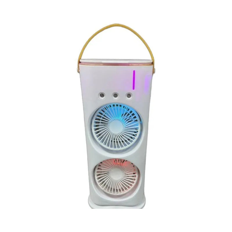 White portable USB desk humidifying fan with double spray heads and remote control.