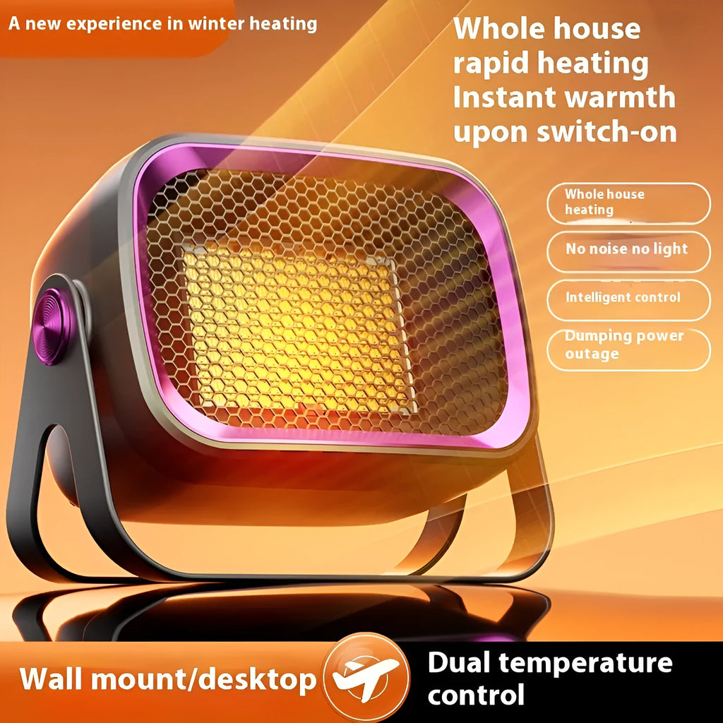 White compact desktop electric heater with rotatable base and push-button controls on front.