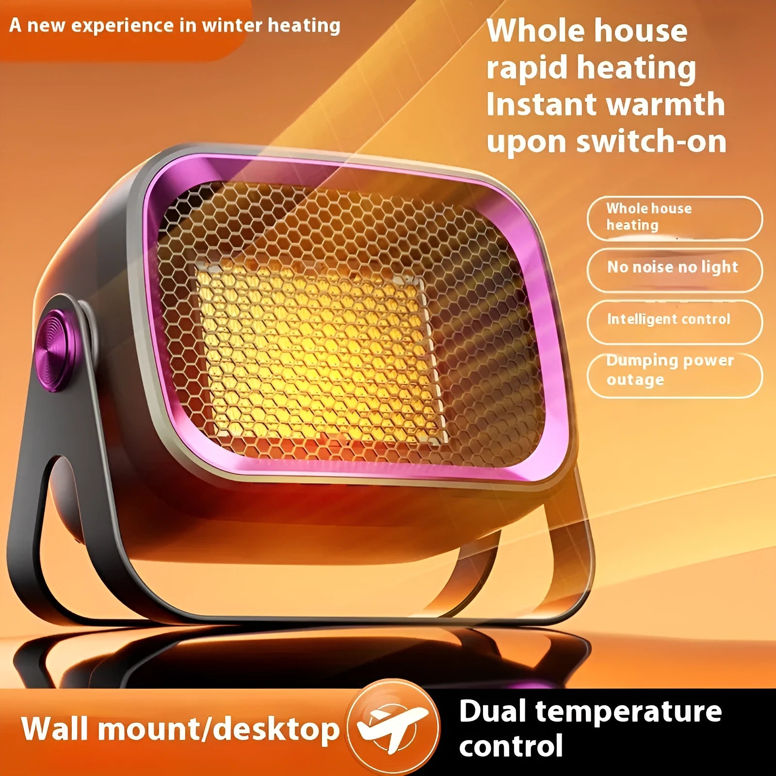 White compact desktop electric heater with rotatable base and push-button controls on front.