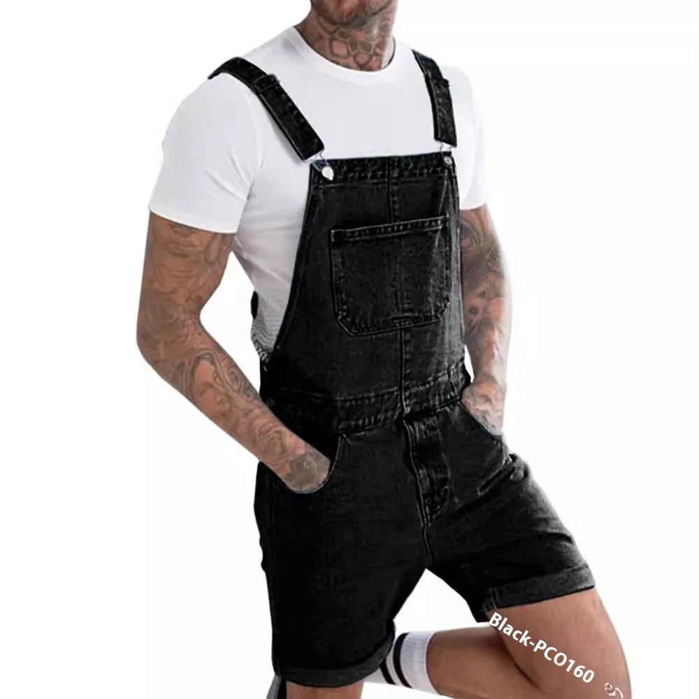 Youth medium elastic denim suspender shorts in black, blue or grey colours with zipper fly