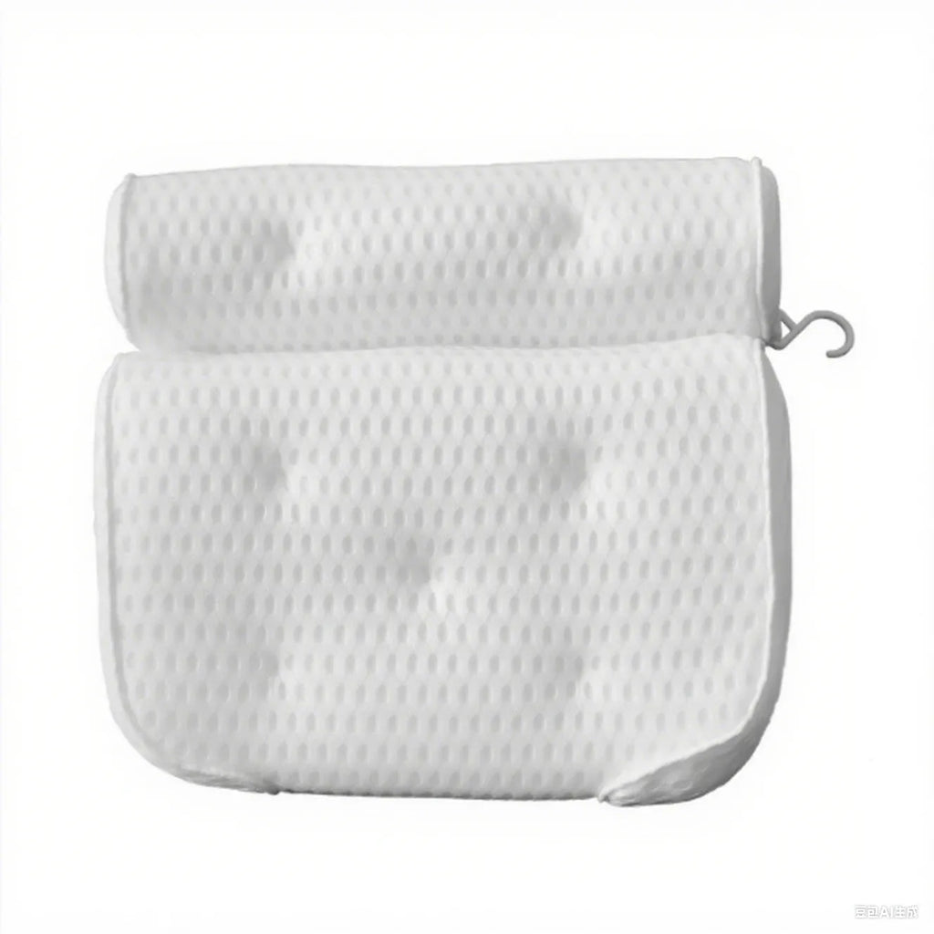 White 4D mesh bathtub pillow with suction cups on a bathtub edge.
