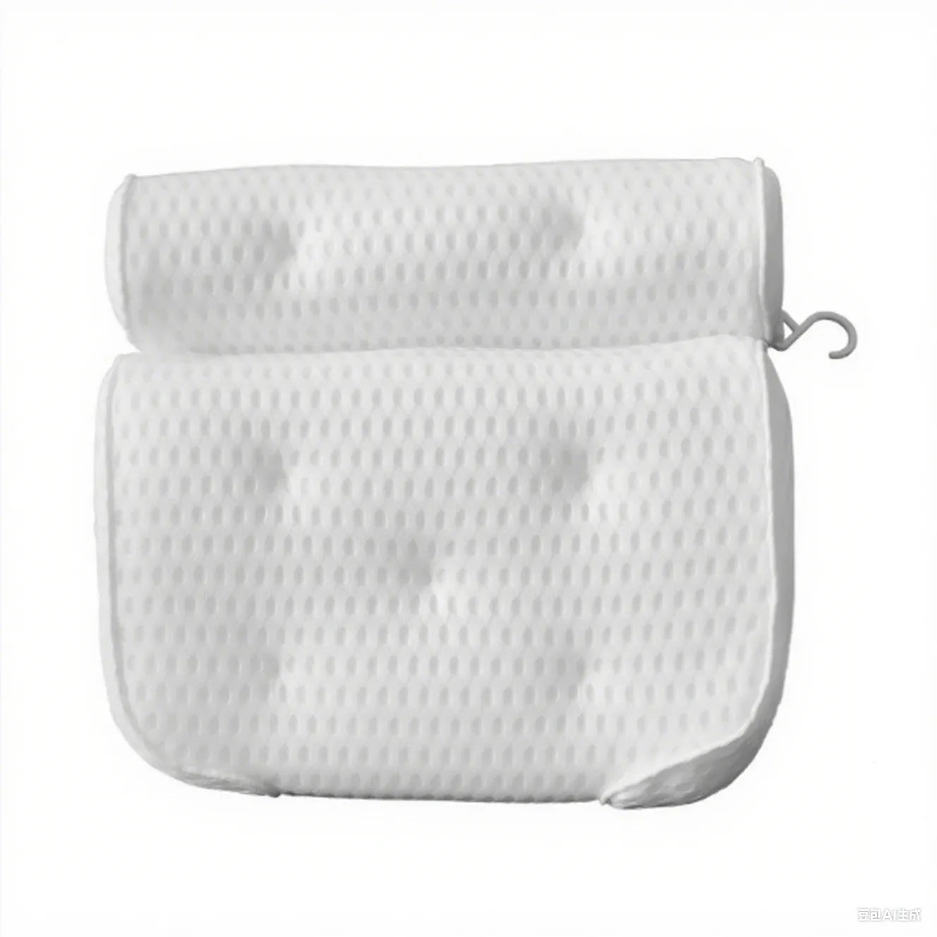 White 4D mesh bathtub pillow with suction cups on a bathtub edge.