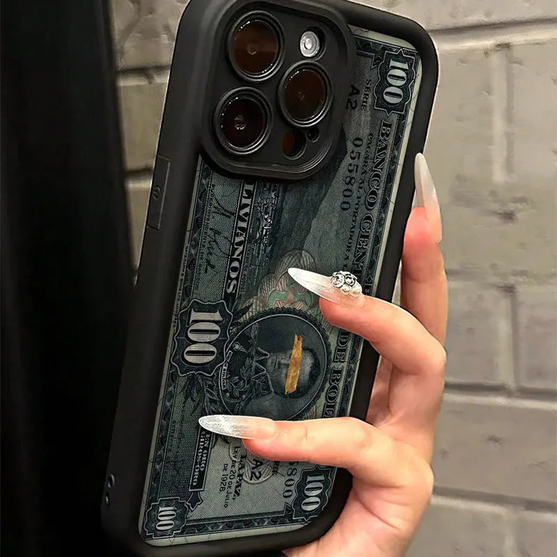 Black silicone phone case with dollar bill illustration for Apple iPhone, airbag anti-fall corners
