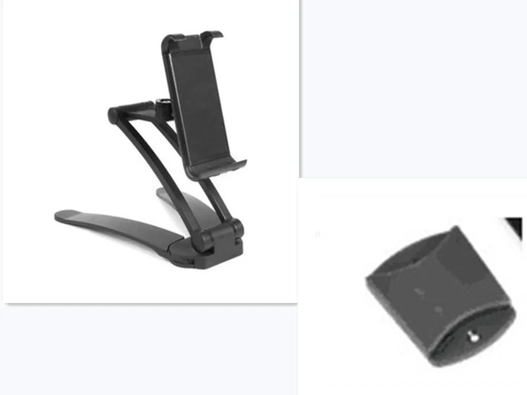 Silver and black aluminium alloy desktop tablet stand with adjustable arm and dual clamps.