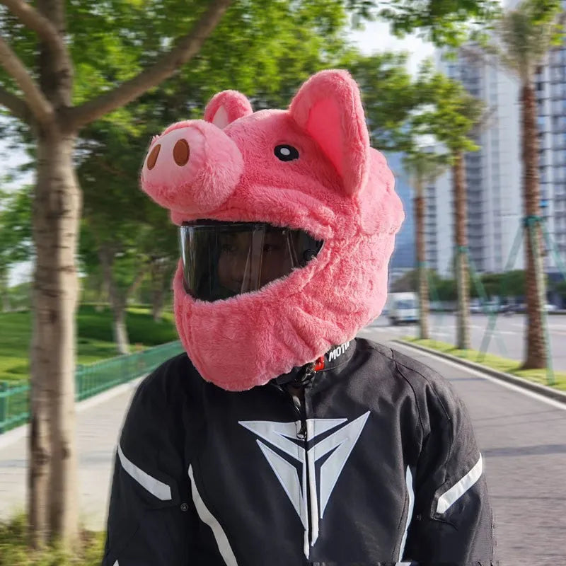 Pink cartoon plush motorcycle helmet protective hood made of PV velvet cloth.
