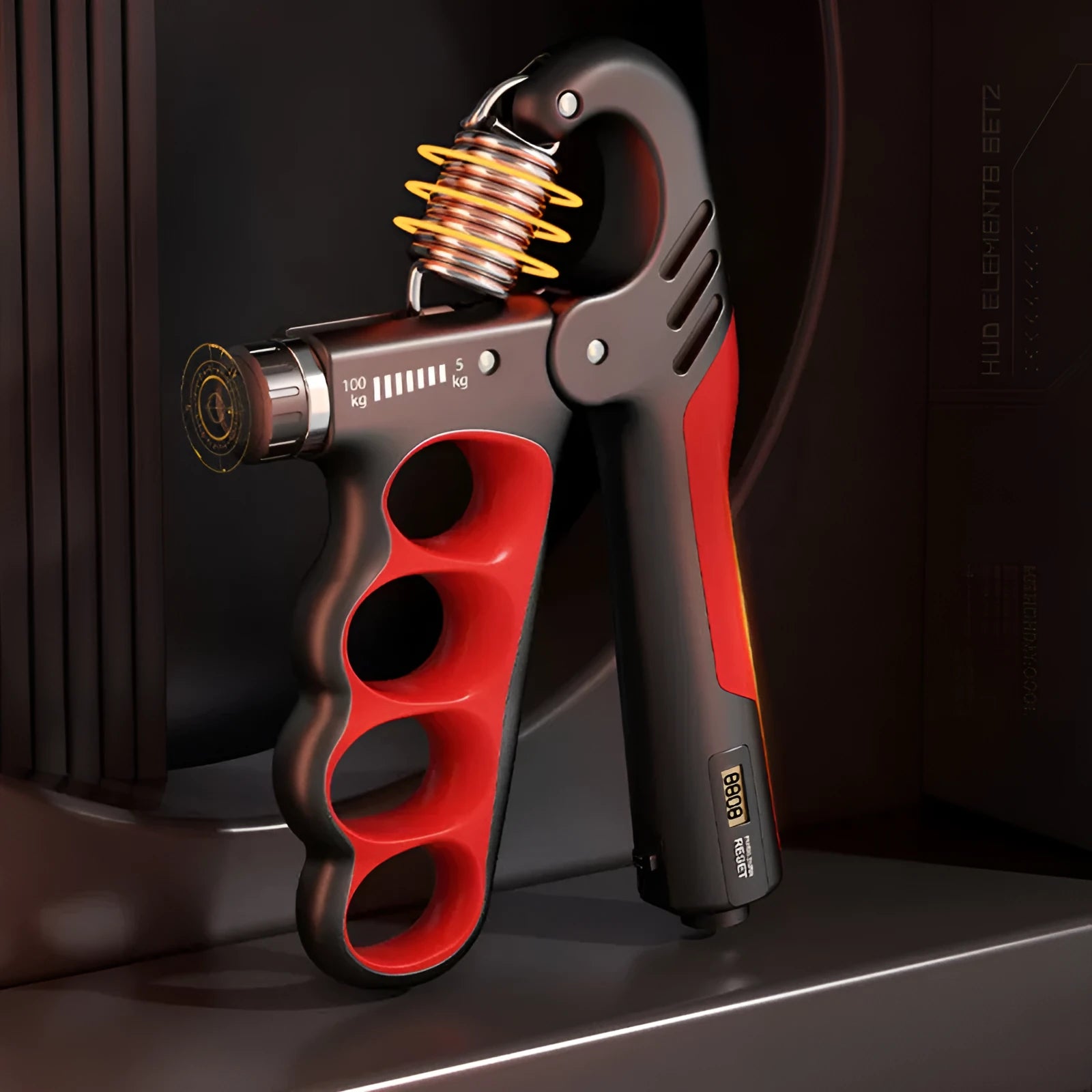 Adjustable electronic count spring grip in grey, orange, or red colours with digital display.