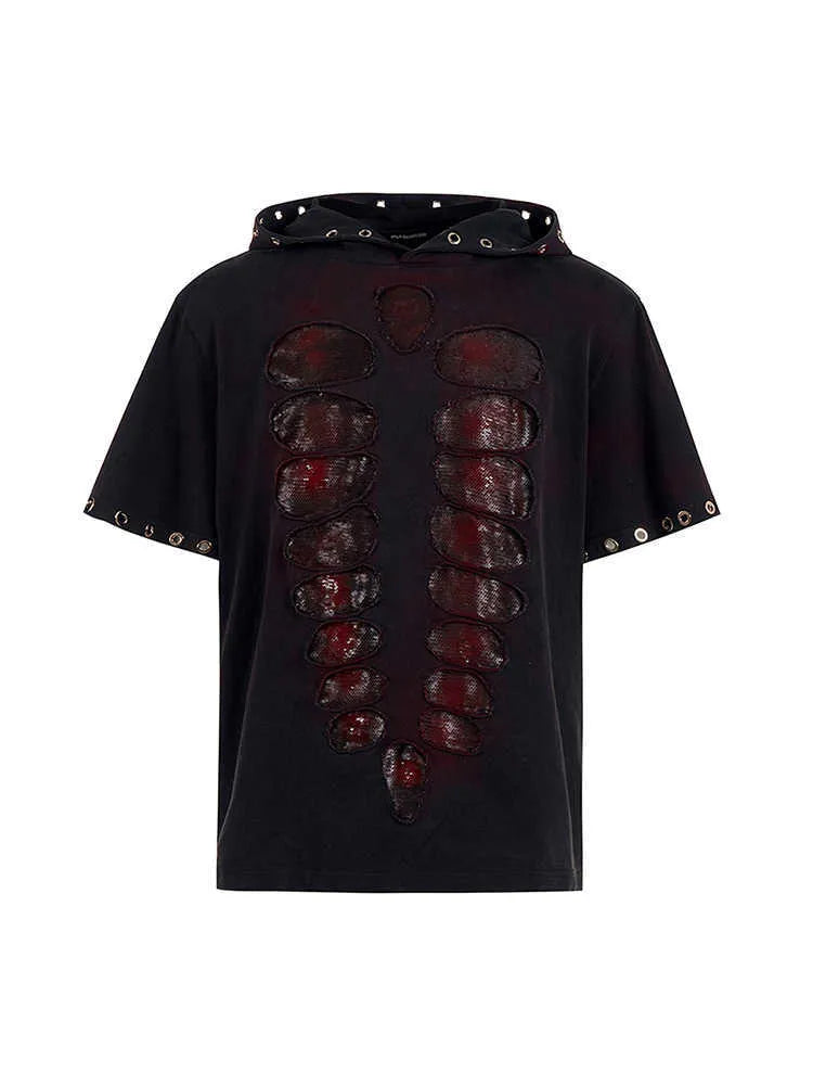 Black men's hooded T-shirt with short sleeves and all-over sequin design.