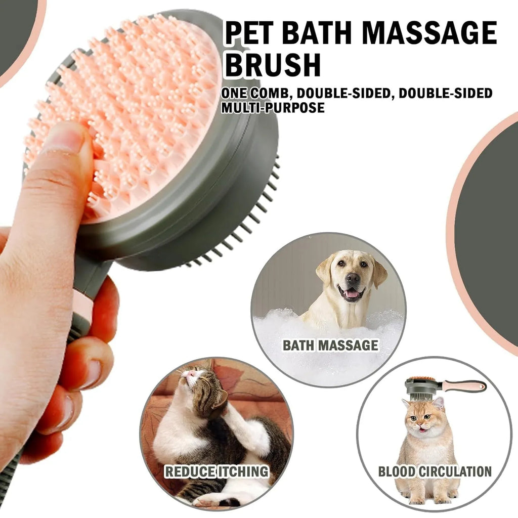 Double-sided pink cat brush with slicker bristles on one side and flea comb on the other, showing hair release button
