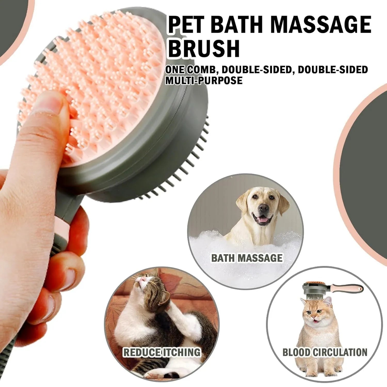 Double-sided pink cat brush with slicker bristles on one side and flea comb on the other, showing hair release button